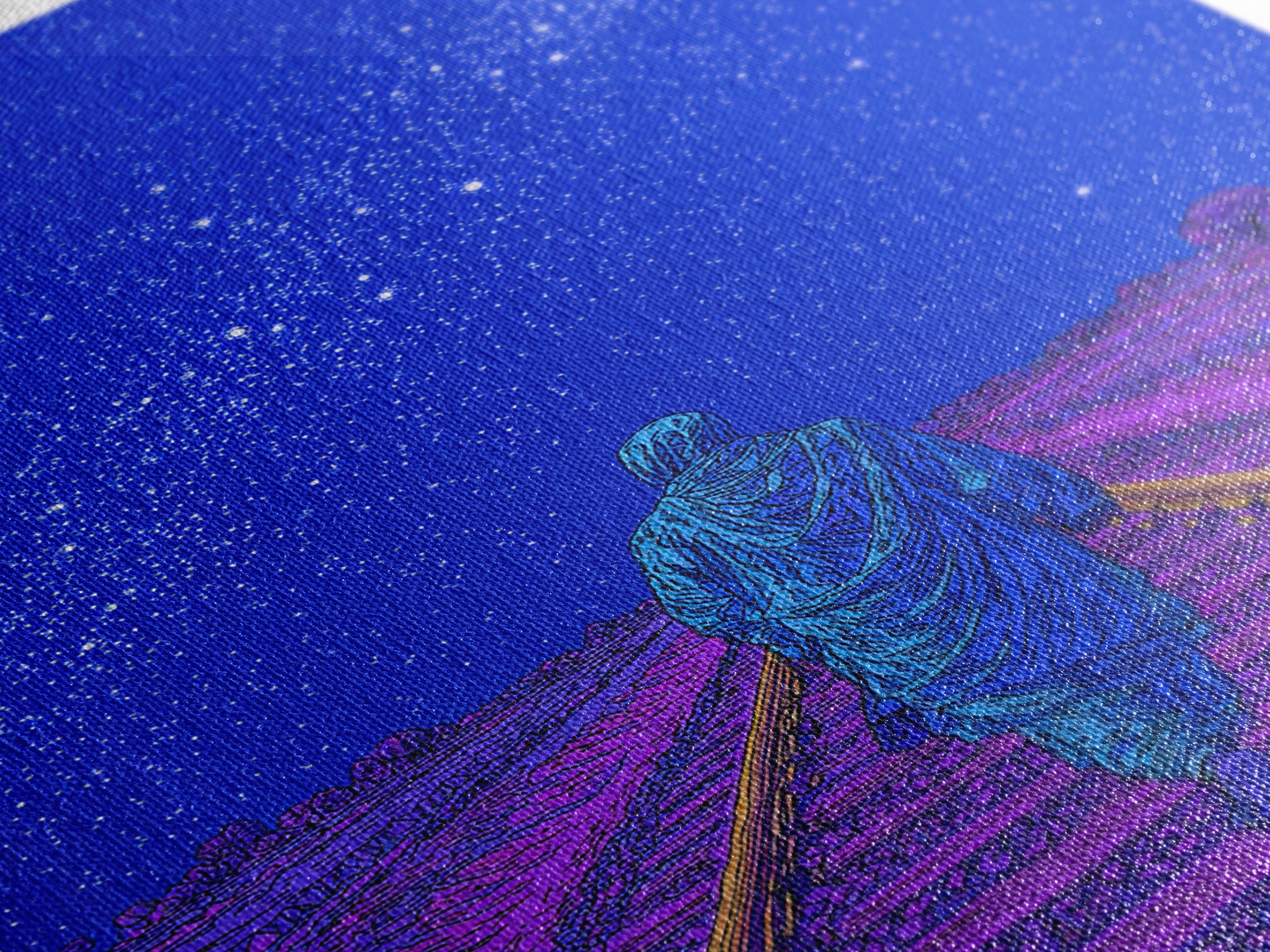 Lone Traveler On Neon Railroad Under Starry Sky Wall Art, Afrofuturism Canvas Print, Mystical Journey Decor, Blue Poster
