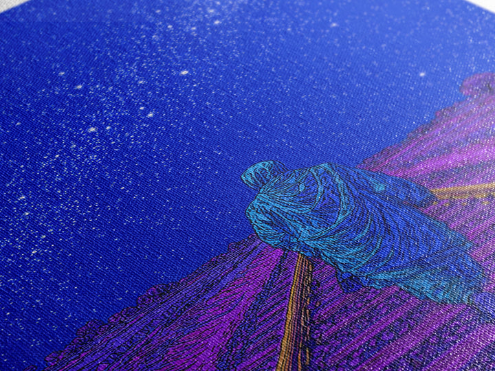 Lone Traveler On Neon Railroad Under Starry Sky Wall Art, Afrofuturism Canvas Print, Mystical Journey Decor, Blue Poster