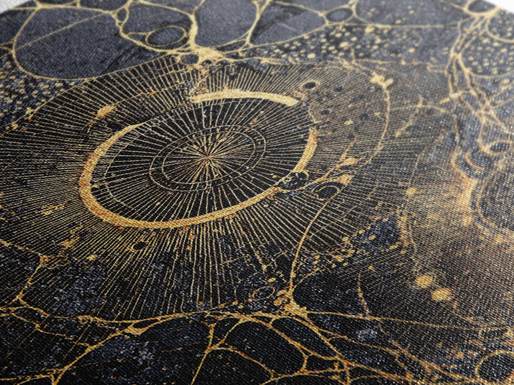 Black Gold Cellular Circles Abstract Wall Art, Textured Celestial Canvas Print, Luxury Modern Decor, Statement Office Art