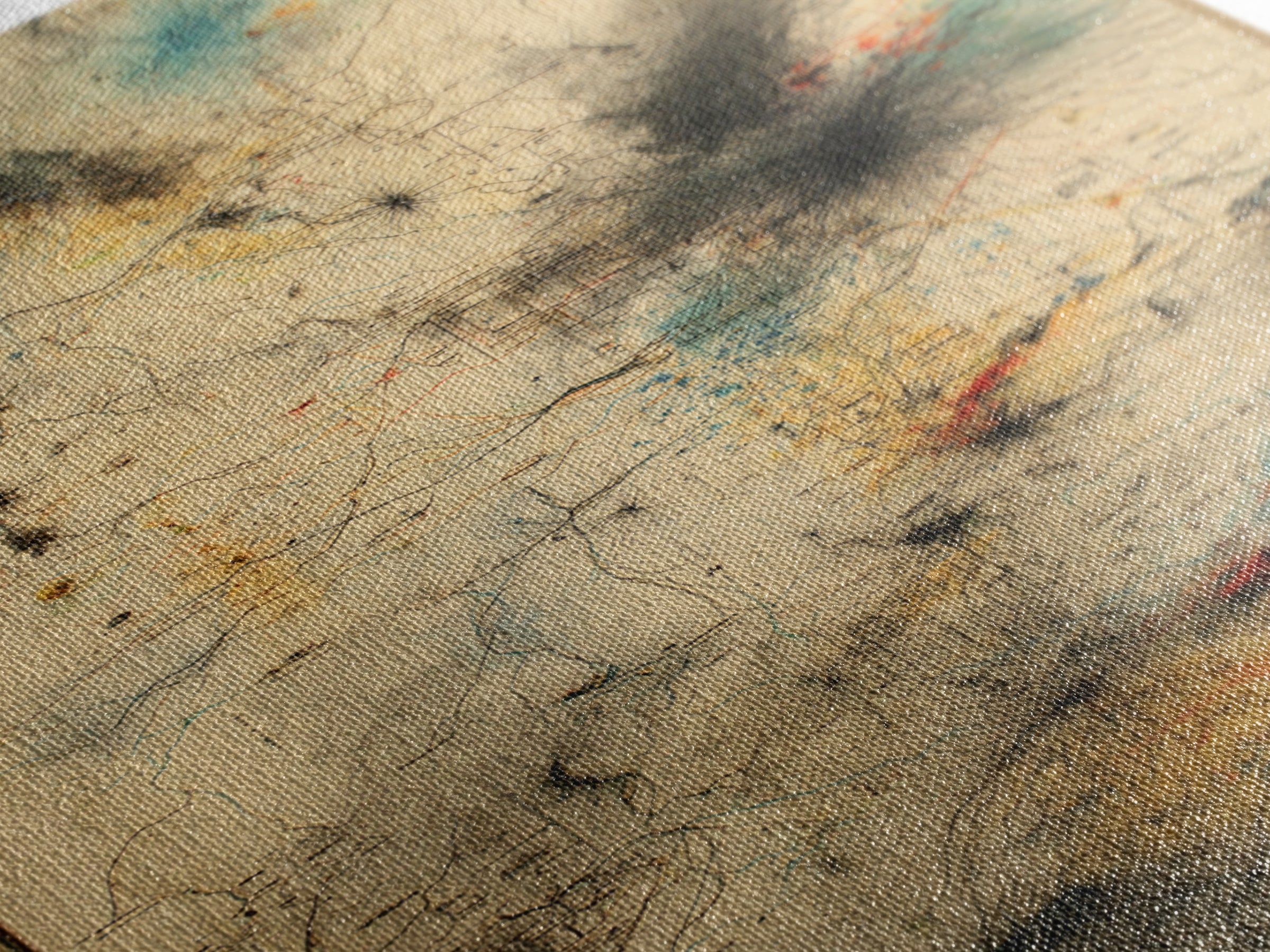 Smoky Beige Network Map Canvas Print, Abstract African Art Decor, Modern Office Wall Decor, Teal Black Gold Line Artwork