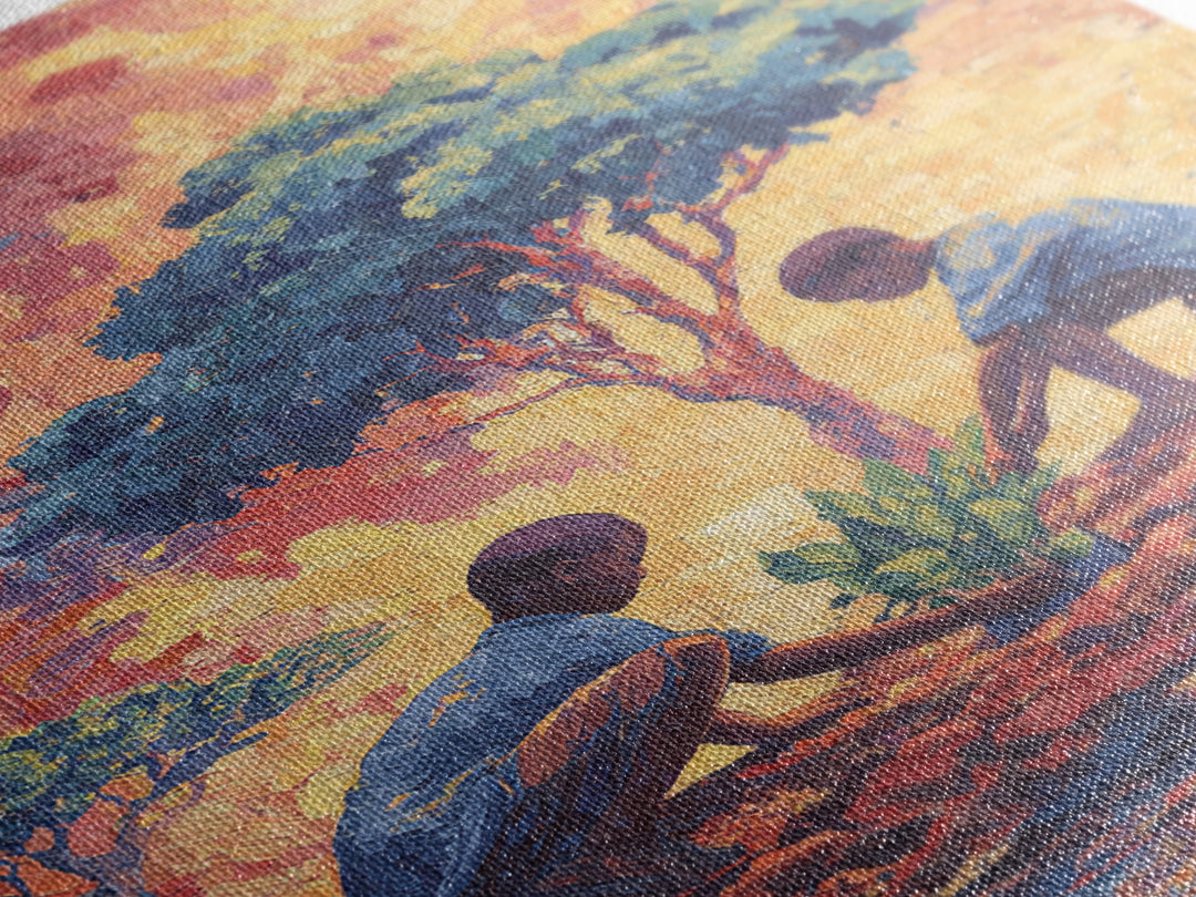 Two Boys Plant Saplings By River Under Acacia Tree Wall Art, African Landscape, Afrocentric Decor, Earth Tone Home Decor