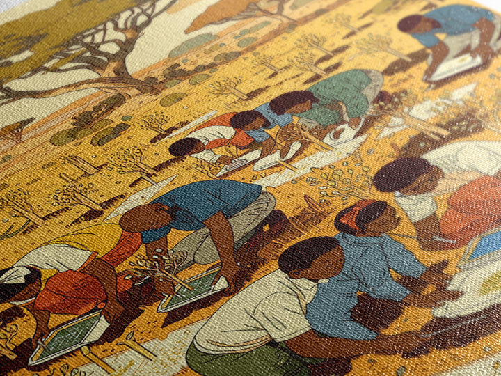 Children Planting Saplings In Golden Savanna Canvas Print, African Safari Art, Classroom Decor, Cultural Artwork Gift For Kids