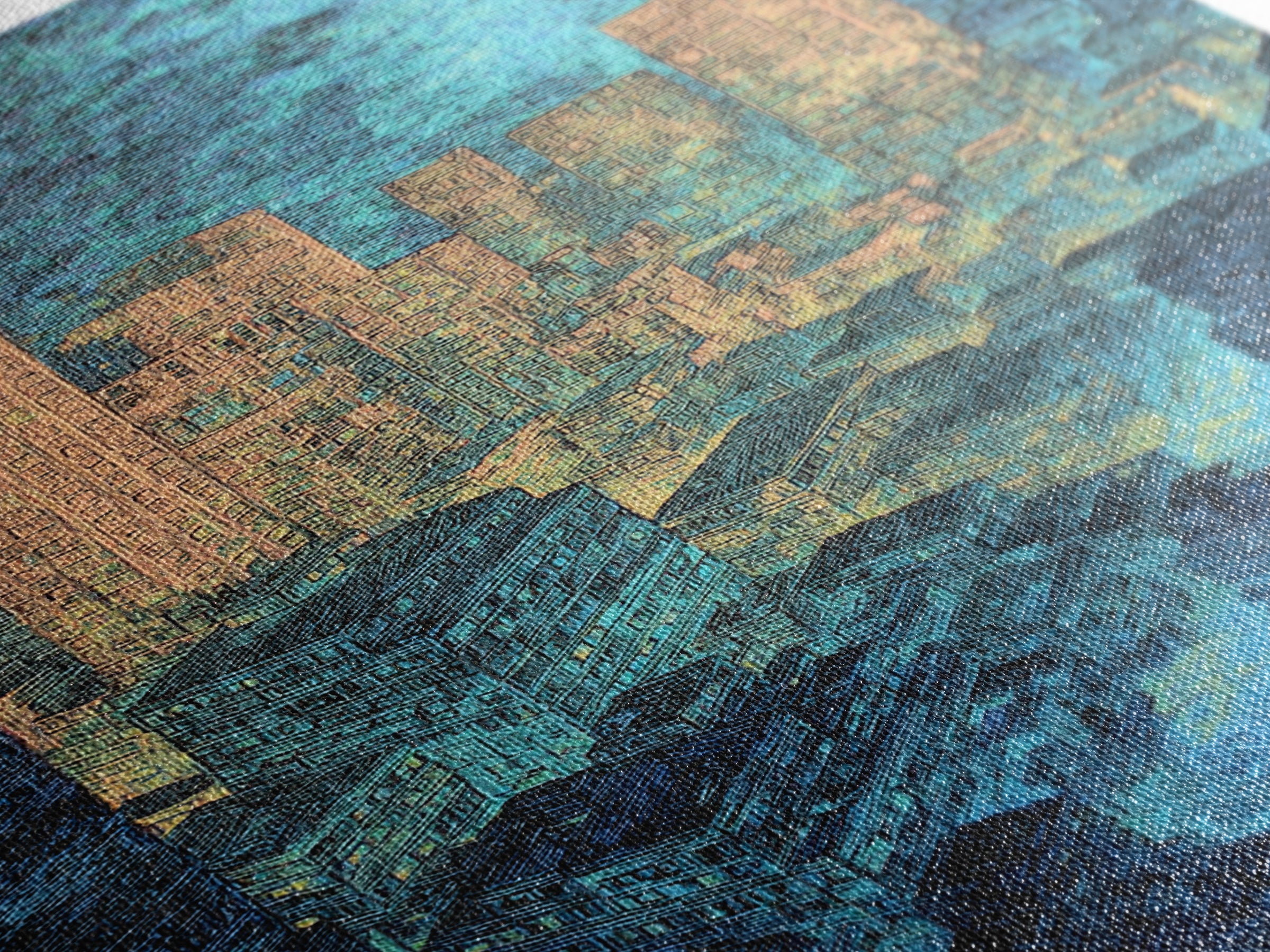 Textured Blue Gold City Skyline Wall Art, Modern Urban Office Decor, Contemporary Canvas, Luxury Canvas Art Print, Large Wall Art Prints