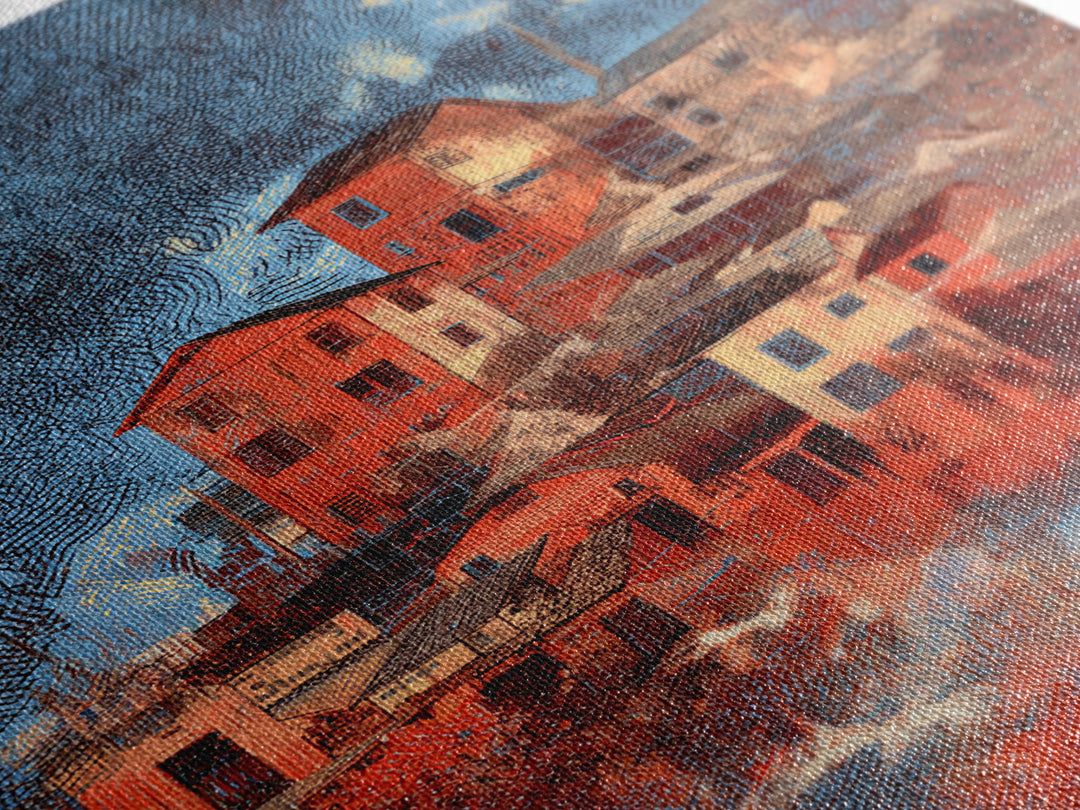 Red Hillside Village At Starry Night Canvas Print, Cozy Winter Wall Art, Rustic Decor, Unique Home Decor Gift, Orange Blue Painting