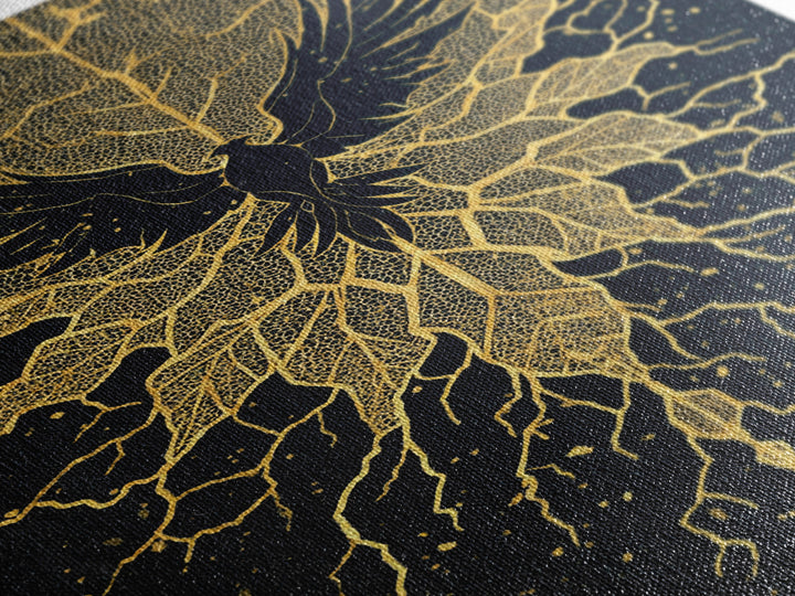 Black And Gold Bird With Roots Wall Art, Spiritual Wall Decor, Mystical Wall Art, Elegant Home Decor, Unique Canvas Art Print
