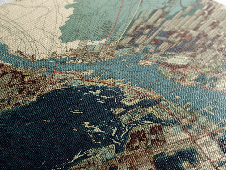 Aerial Coastal City Map With Blue Water, Urban Wall Art, Location Map Print, Modern Office Decor, Gallery Home Decor, Canvas Print