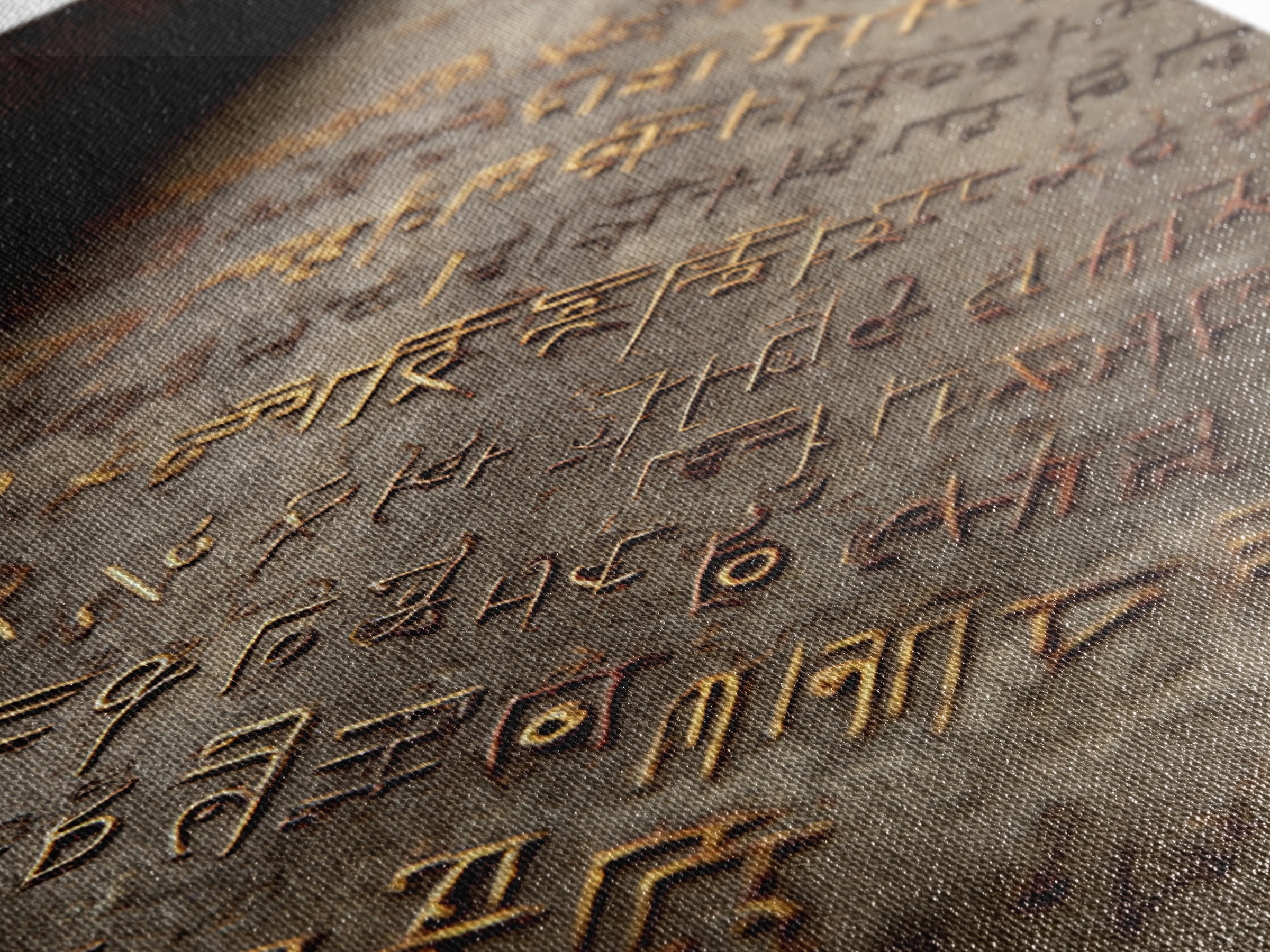 Aged Bronze Ancient Script Framed Canvas Print, Close Up Manuscript, Cultural Wall Art, Earth Tone Office Decor Gift For Study