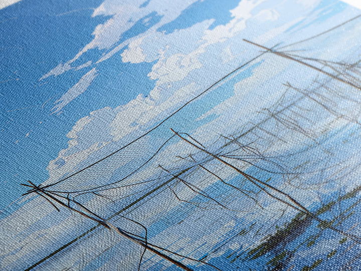 Blue Sky Fishing Nets Wall Art, Minimalist Coastal African Landscape Canvas, Serene Water Reflections, Bedroom Decor Gift