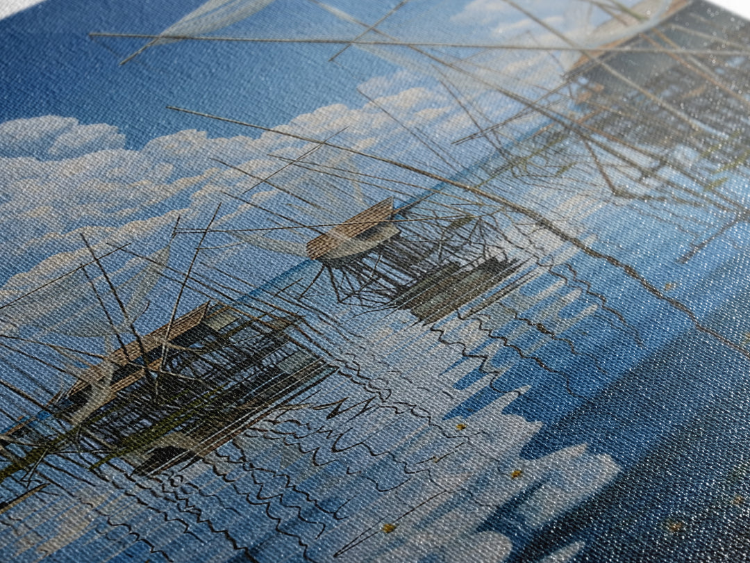 Dreamy Fishing Nets On Blue Water Wall Art, African Coastal Village Canvas, Cloud Reflection Nature Decor Gift For Home And Office