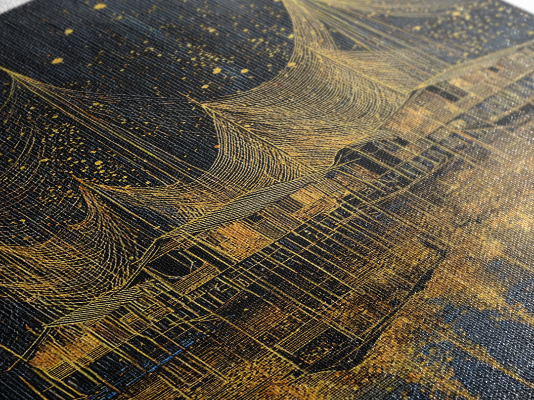Golden Night Fishing Nets Over Stilt Houses Canvas Print, African Inspired Coastal Village Wall Decor, Black Gold Statement Art