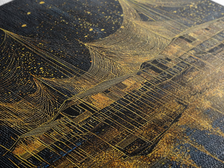 Golden Night Fishing Nets Over Stilt Houses Canvas Print, African Inspired Coastal Village Wall Decor, Black Gold Statement Art