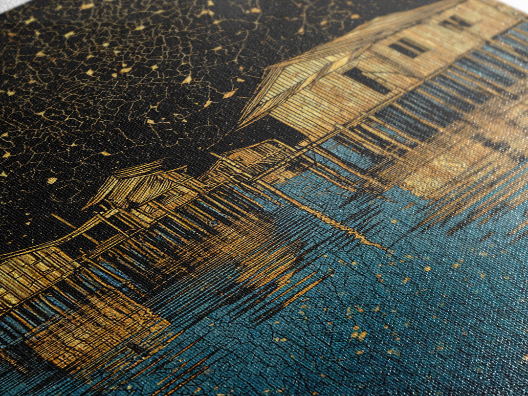 Gold Stilt Houses On Blue Water Canvas Print, Abstract Coastal Village Wall Art, Black Gold Lake Reflections Home Decor Art