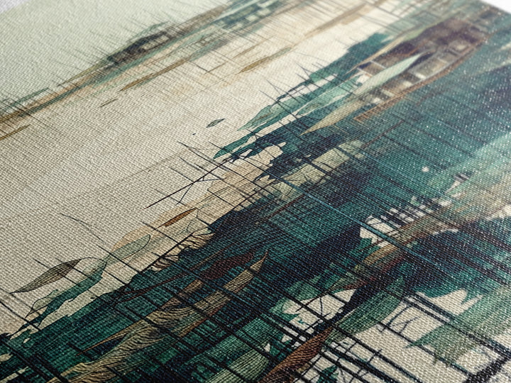 Minimal Teal Stilt Village Across Quiet Water Wall Art, Modern Coastal Landscape Canvas Print, Beige Green Living Room Decor