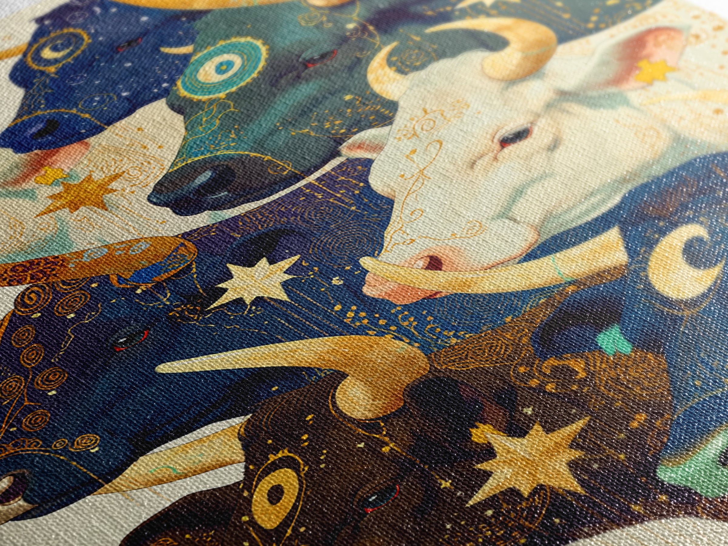Celestial Herd Of Moonlit Cows Wall Art, Mystical Animal Canvas Print, Colorful Farm Decor, Whimsical Stars And Moons Poster