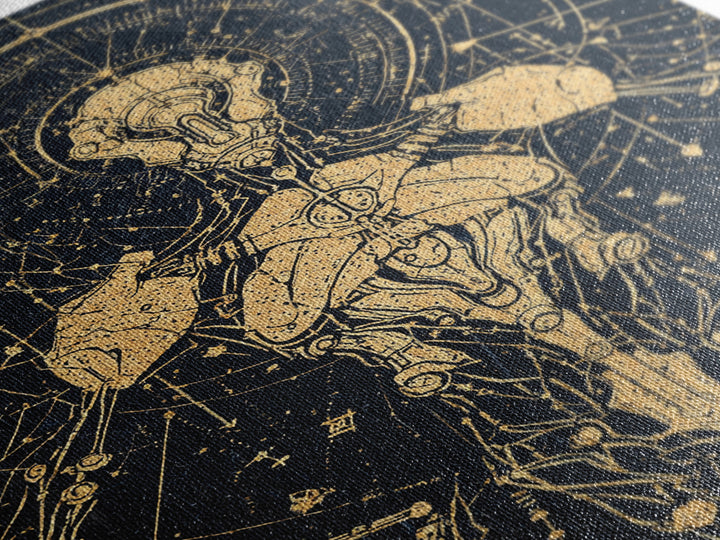 Gold Celestial Cyborg Blueprint Canvas Print, Afrofuturism Wall Decor, Sacred Geometry Robot Art, Modern Black And Gold Decor