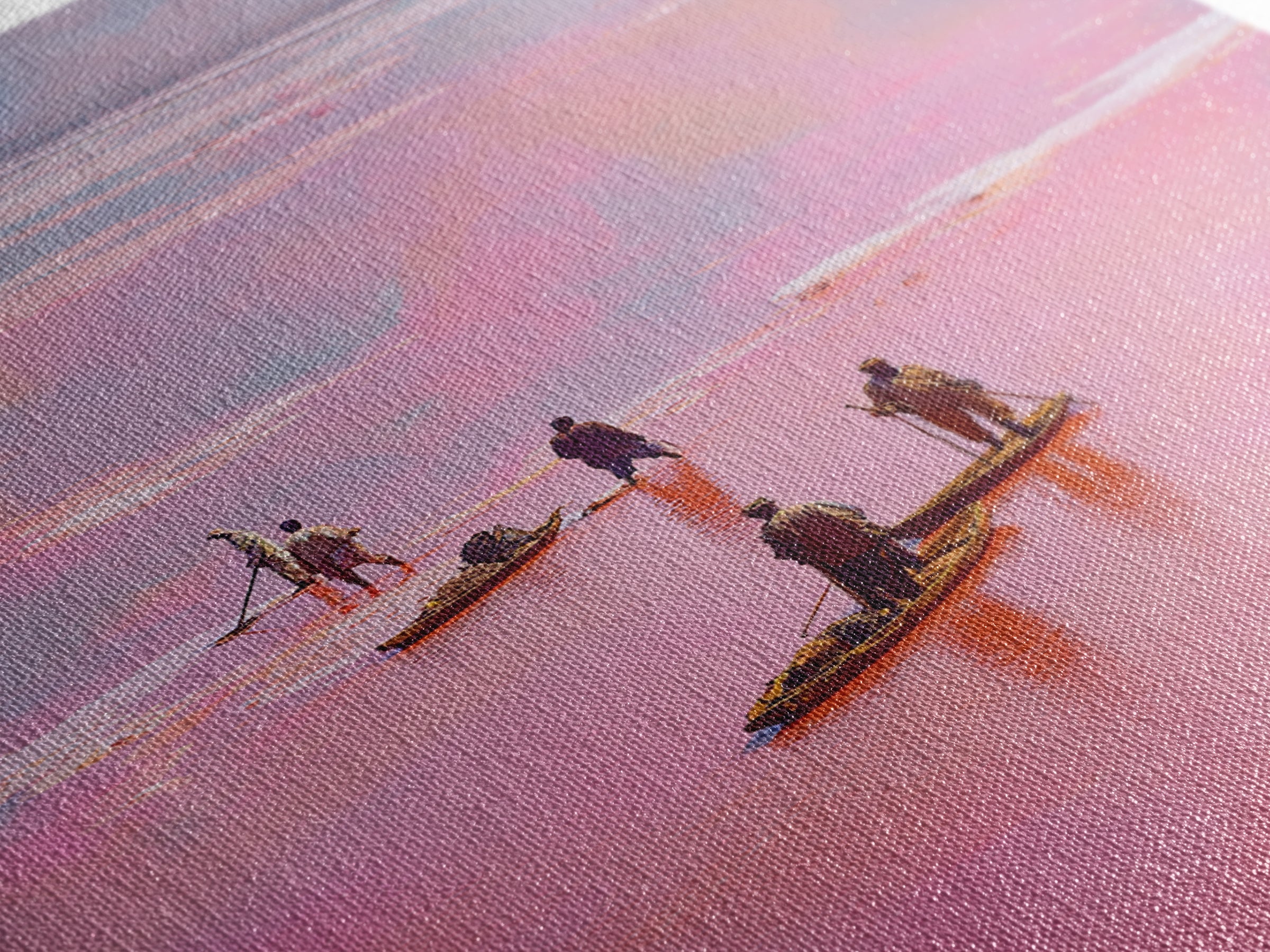 Rose Pink Salt Flats Canoes Canvas Print, African Fishermen Wall Decor, Pastel Safari Art Poster, Unique Home Decor Gift