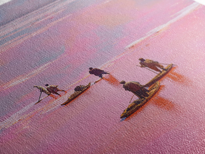 Rose Pink Salt Flats Canoes Canvas Print, African Fishermen Wall Decor, Pastel Safari Art Poster, Unique Home Decor Gift