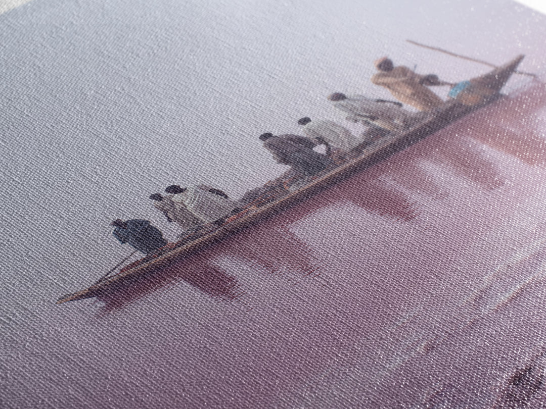 Misty Pink Lake Boat Canvas Print, African Fishermen Wall Art Decor, Minimalist Pastel Landscape, Serene Living Room Art