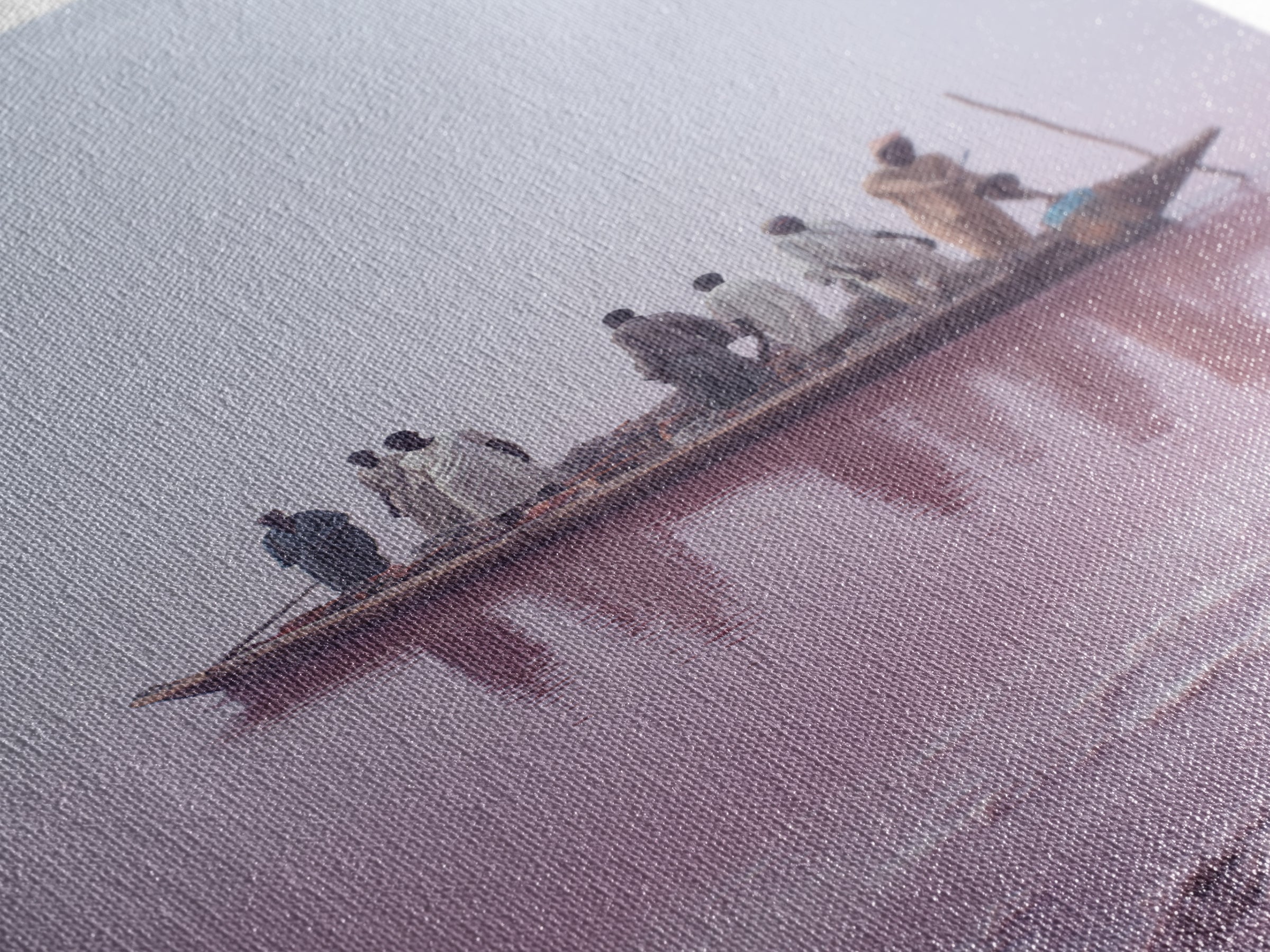 Misty Pink Lake Boat Canvas Print, African Fishermen Wall Art Decor, Minimalist Pastel Landscape, Serene Living Room Art