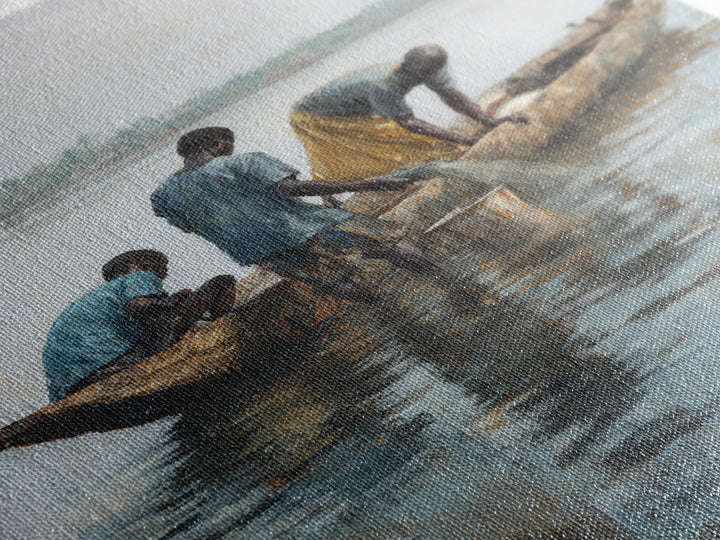 Fishermen Washing Nets By Canoe Wall Art, African Painting Canvas Decor, Cultural River Scene, Rustic Living Room Home Decor Gift