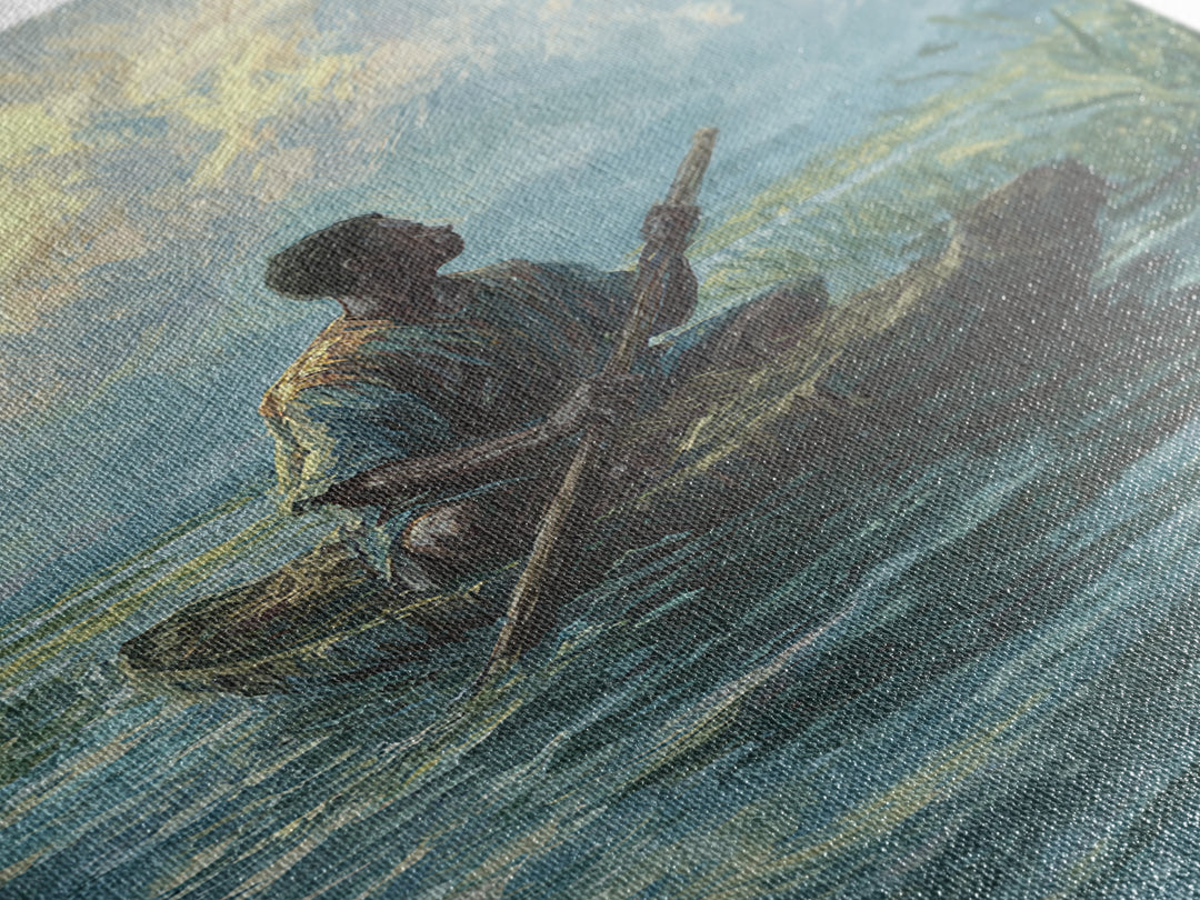 Solitary Canoe Fisherman Under Clouds Wall Art, African Landscape Print, Blue Green Nature Scene, Peaceful Canvas Home Decor