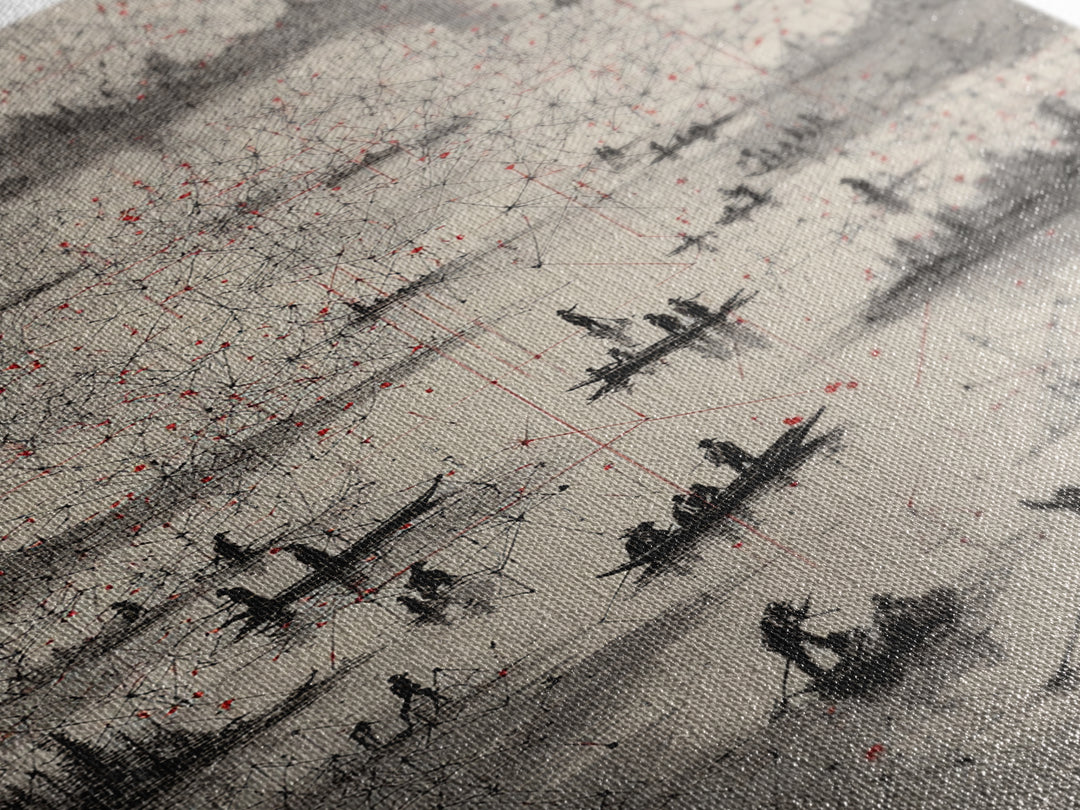 Monochrome River Boats With Red Lines Wall Art, African Landscape Print, Abstract Map Network, Cultural Gallery Home Decor