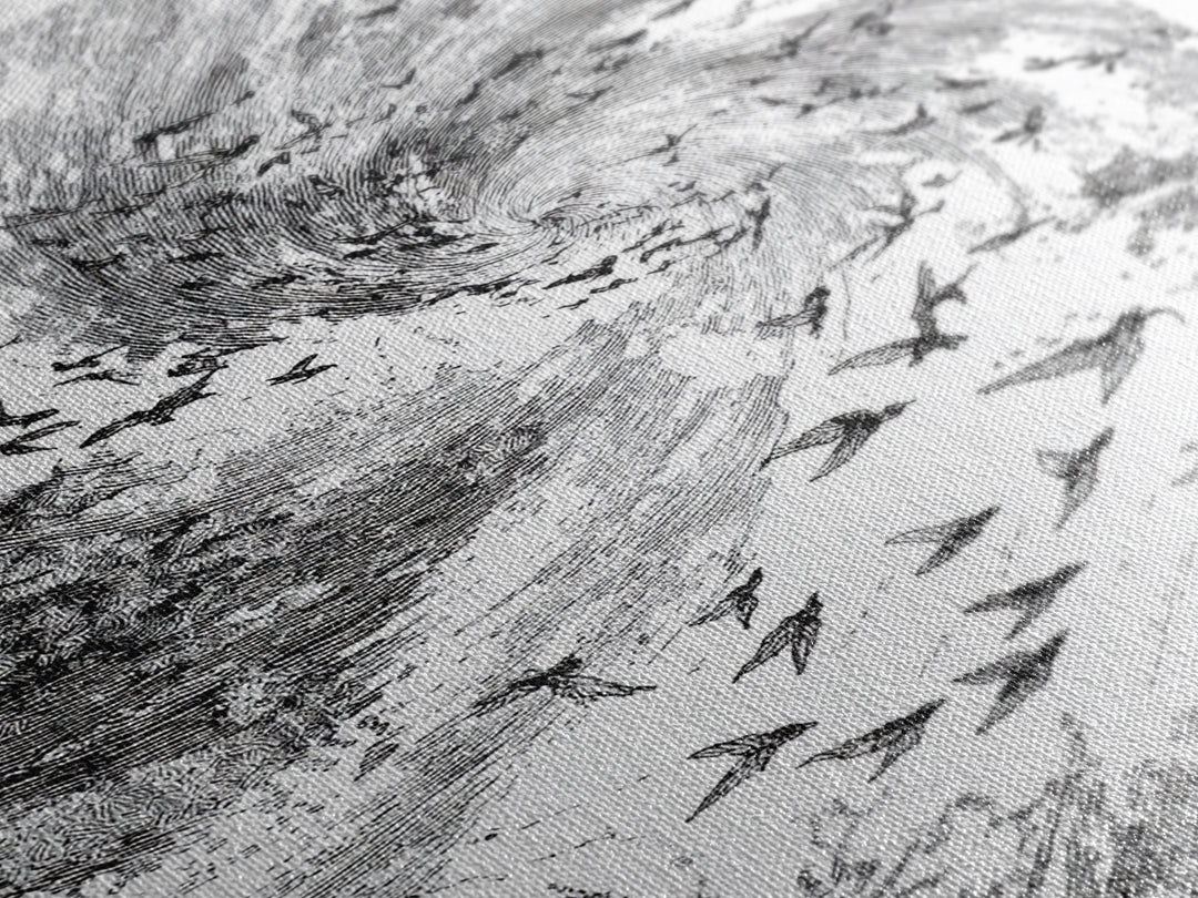 Black And White Bird Flock Storm Wall Art, Abstract African Inspired Nature Sketch, Minimalist Canvas Decor, Modern Office Gift
