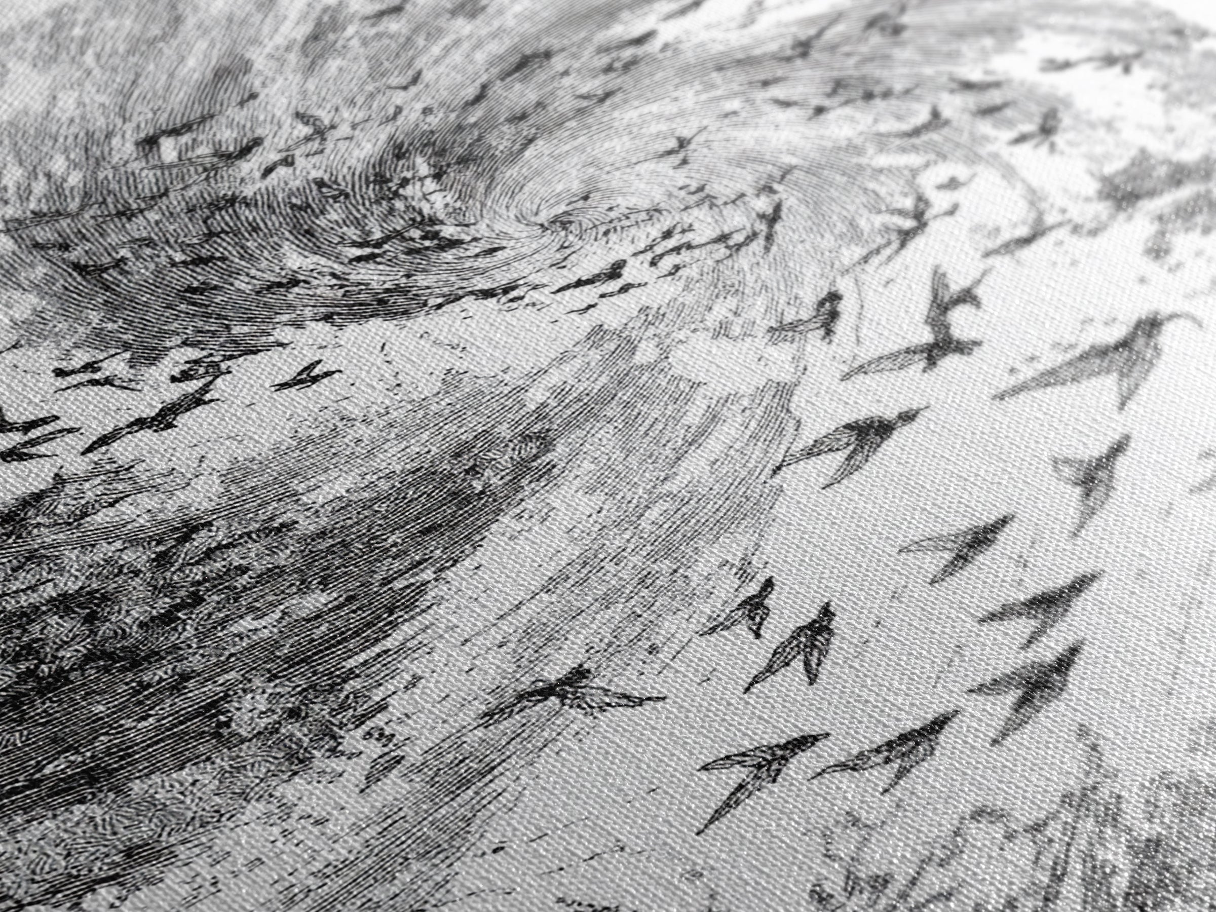 Black And White Bird Flock Storm Wall Art, Abstract African Inspired Nature Sketch, Minimalist Canvas Decor, Modern Office Gift