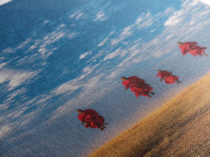 Four Maasai Warriors Jumping Over Savanna Wall Art, African Safari Art Print, Blue Sky Landscape, Cultural Home Decor Gift