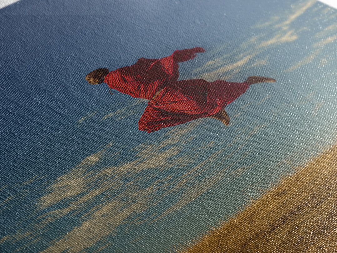 Solo Maasai Warrior Leaping Above Golden Grass Wall Art, African Safari Portrait, Red Robe Landscape, Cultural Decor Gift