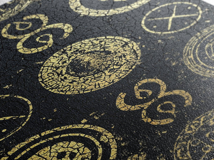 Gold Tribal Symbols And Skulls On Black Texture Canvas Print, African Abstract Wall Art, Mystical Pattern Home Decor Gift
