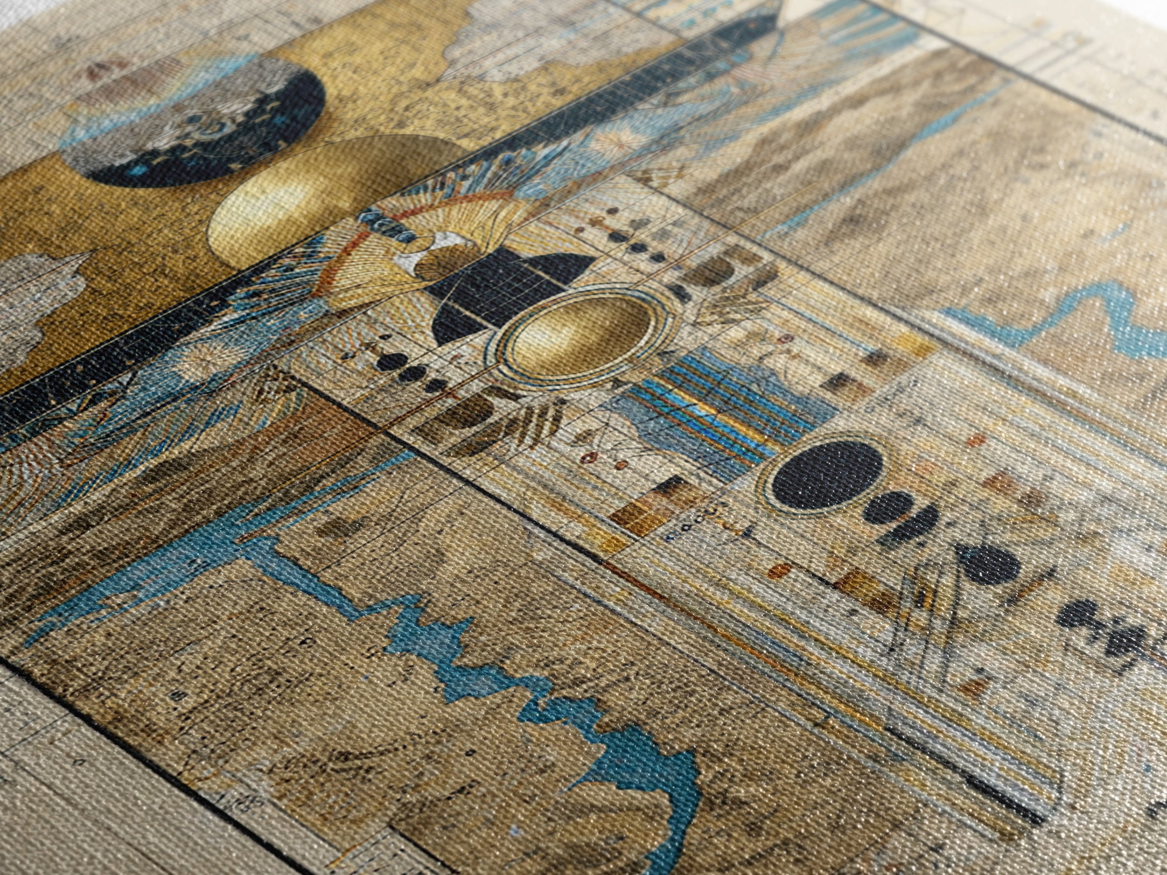 Egyptian Sacred Geometry Totem Canvas Print, African Egyptian Wall Art, Gold Blue Map Decor, Mystical Ancestral Poster Print