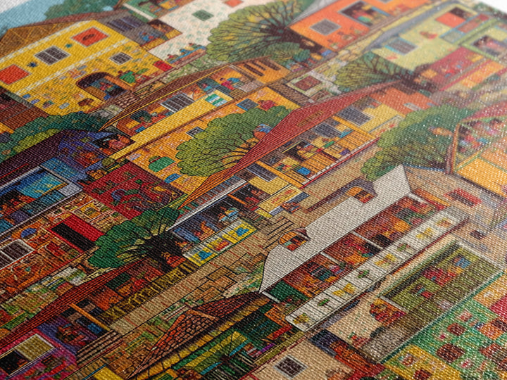 Colorful African Hillside Village Wall Art, Urban Home Scene Print, Tropical Architecture Decor, Vibrant Cultural Canvas