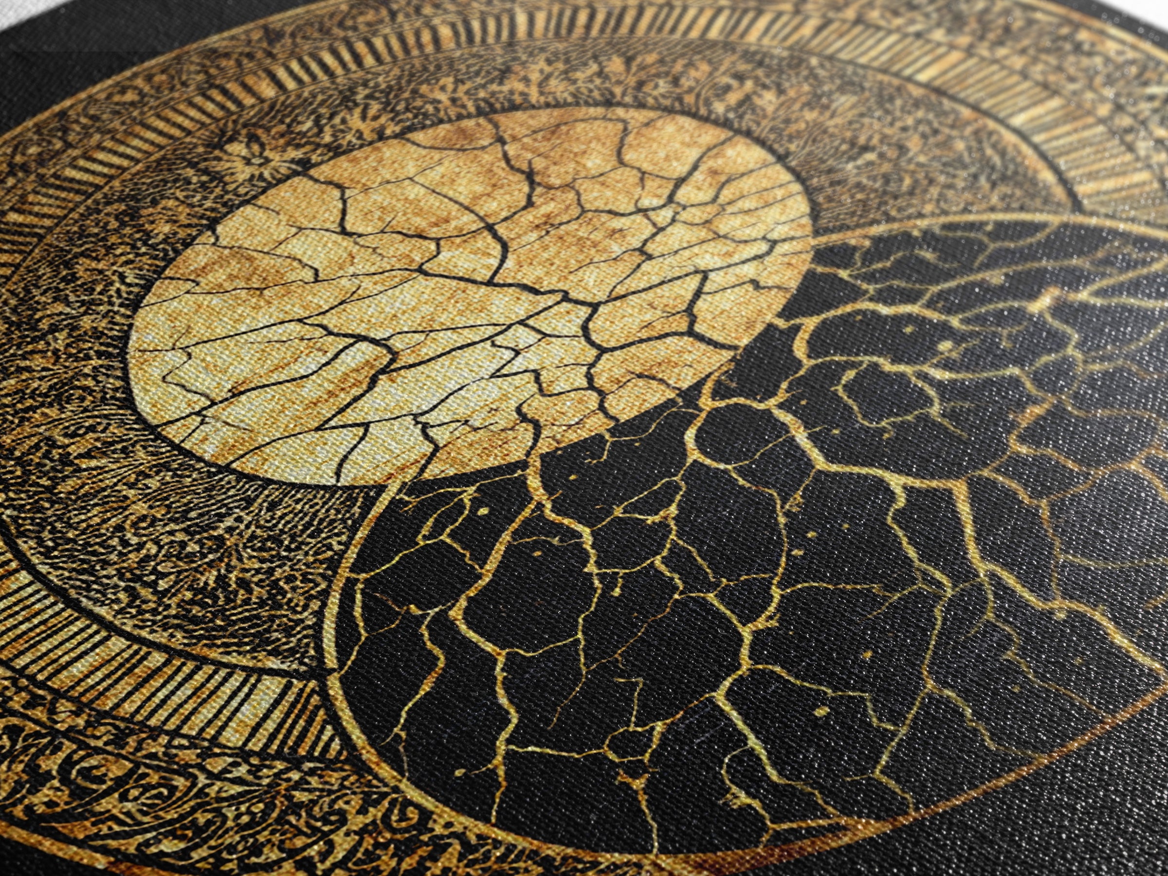 Gold Kintsugi Sun Moon Oval On Black Canvas Print, Spiritual Geometric Art, Luxury Abstract Decor, Mystical Celestial Gift