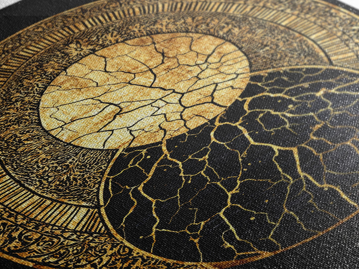 Gold Kintsugi Sun Moon Oval On Black Canvas Print, Spiritual Geometric Art, Luxury Abstract Decor, Mystical Celestial Gift