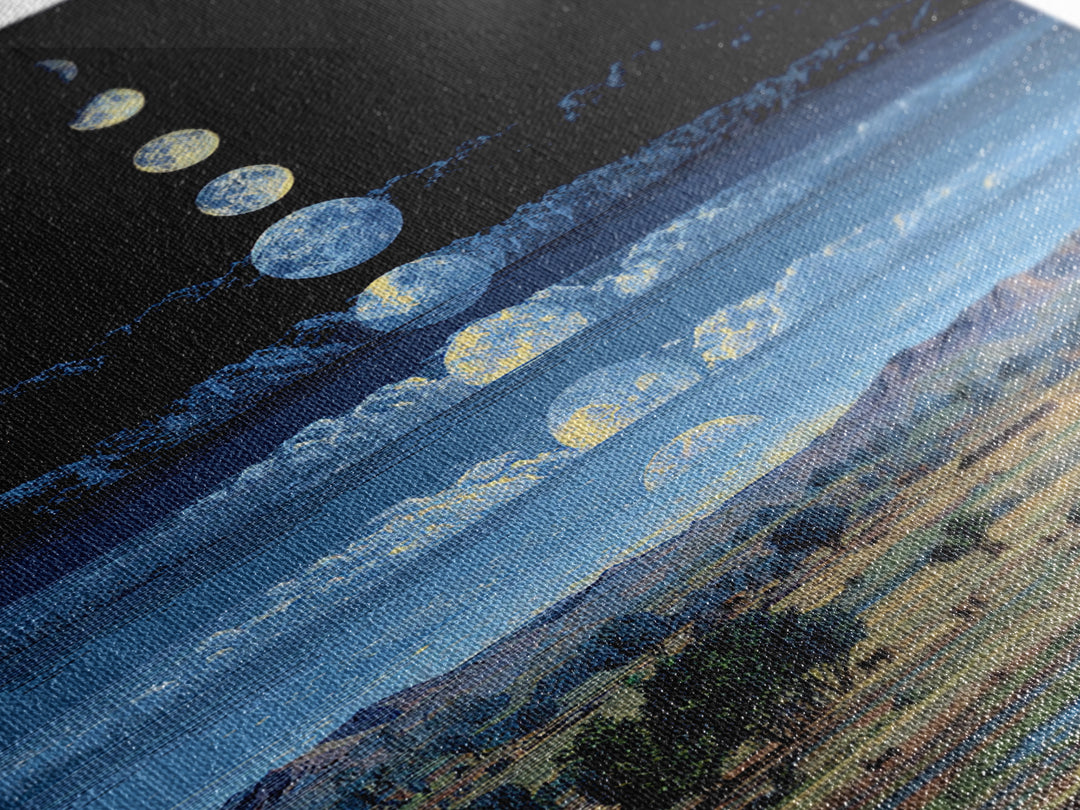 Blue Moon Phases Over African Savanna Landscape Wall Art, Spiritual Safari Decor, Mystical Nature Scene For Living Room Gift