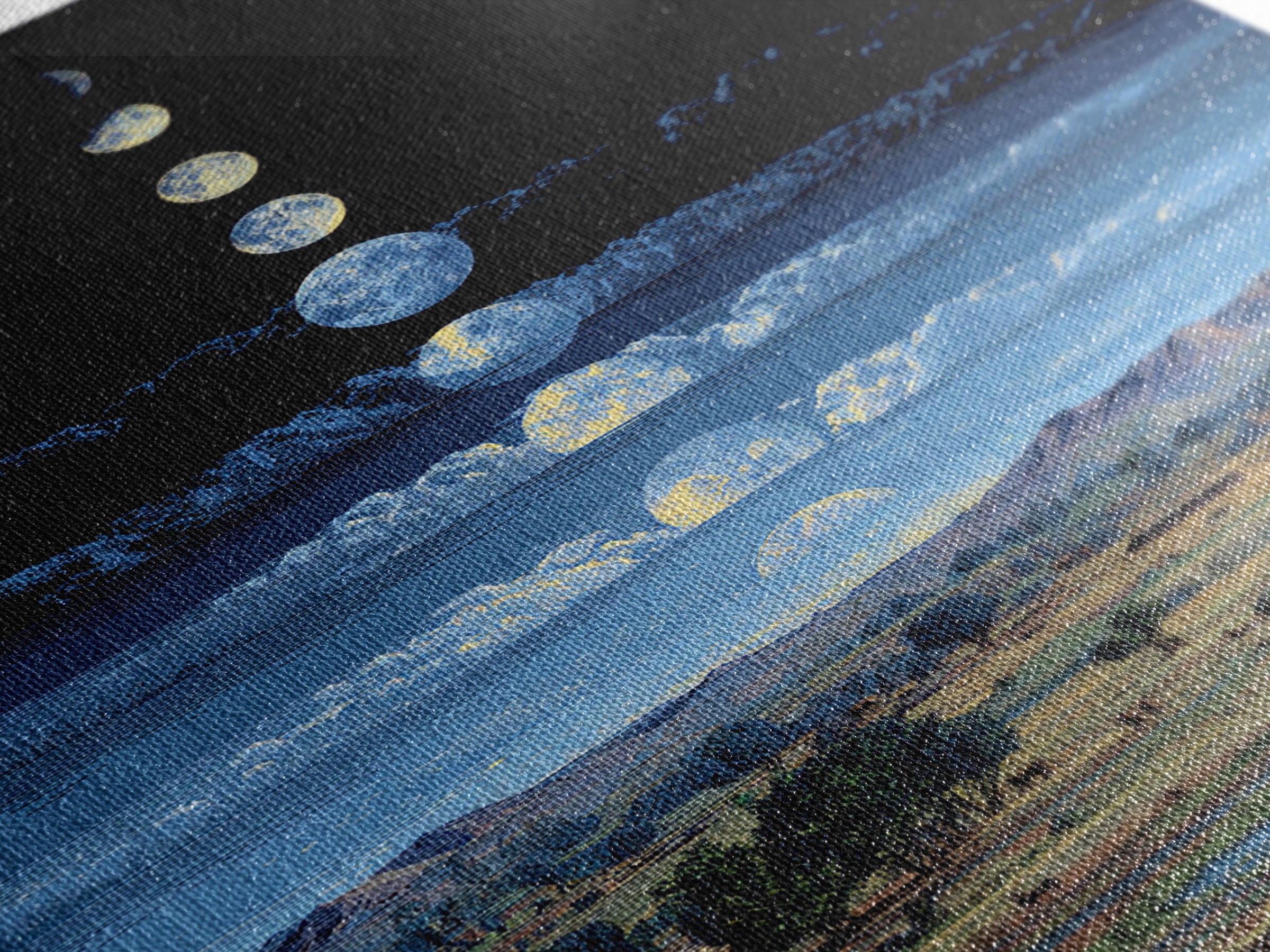Blue Moon Phases Over African Savanna Landscape Wall Art, Spiritual Safari Decor, Mystical Nature Scene For Living Room Gift