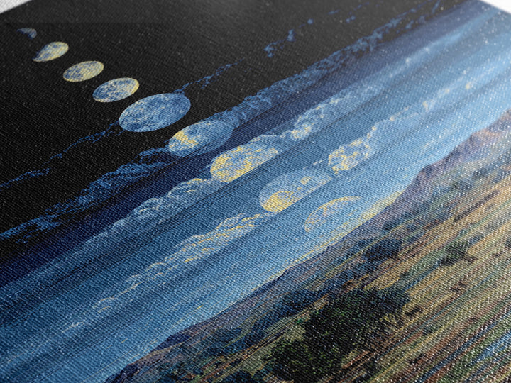 Blue Moon Phases Over African Savanna Landscape Wall Art, Spiritual Safari Decor, Mystical Nature Scene For Living Room Gift
