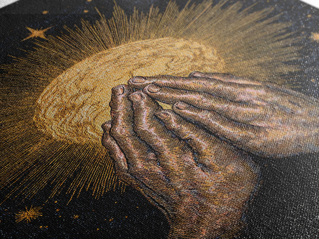 Praying Hands Holding Golden Radiant Sun On Black Canvas Print, Spiritual Wall Decor, Meditation Art Gift For Sacred Home