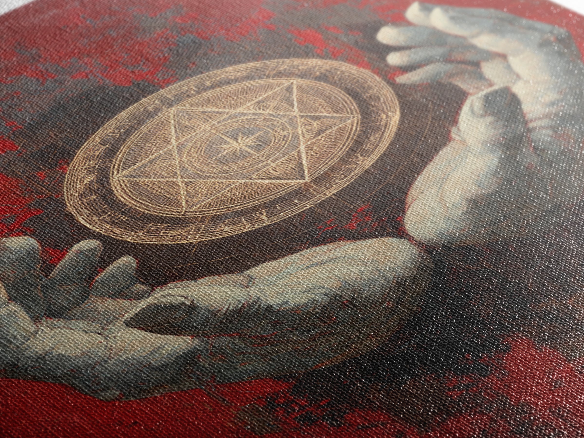 Golden Sacred Geometry In Weathered Hands Wall Art, Mystical Abstract Canvas, Spiritual Home Decor, Red And Gold Artwork