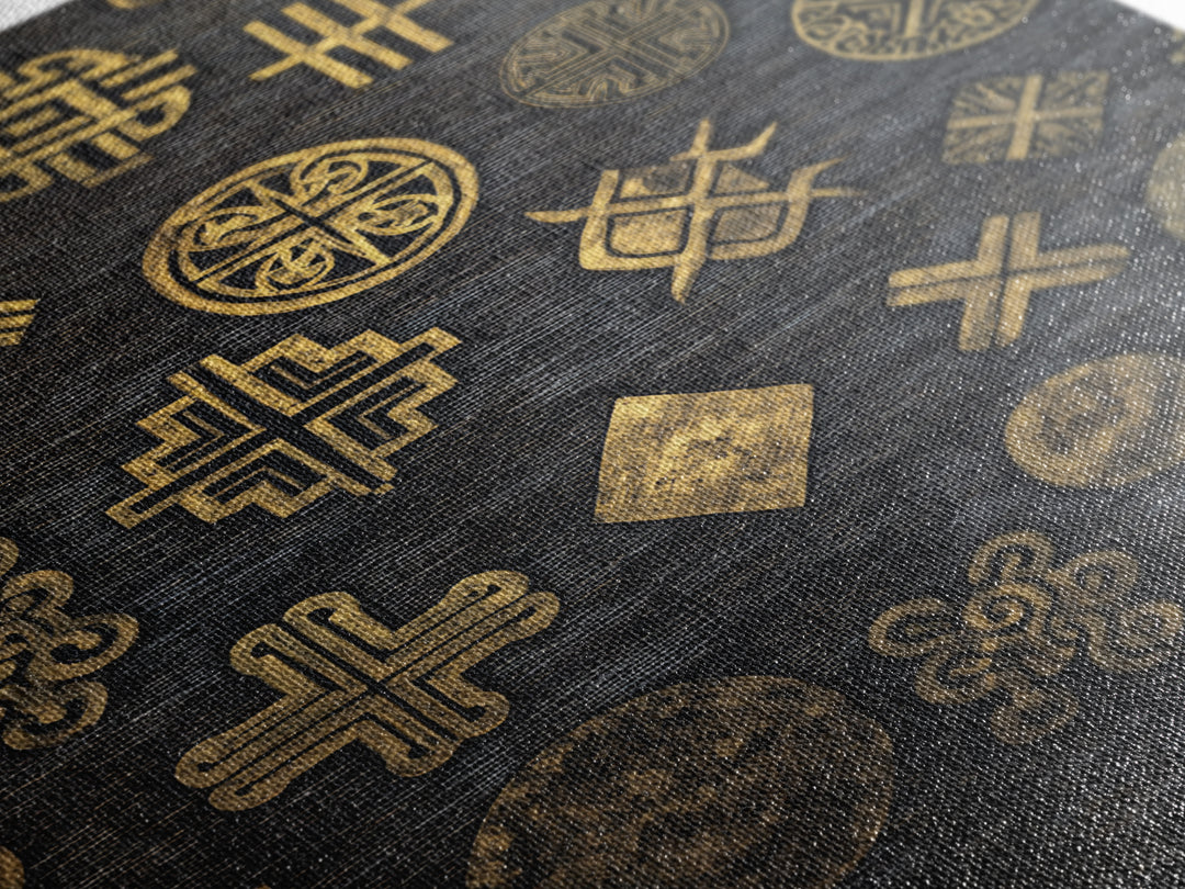 Gold Adinkra Symbols On Black Canvas Print, African Patterns Wall Decor, Tribal Art Print, Cultural Home Decor For Living Room