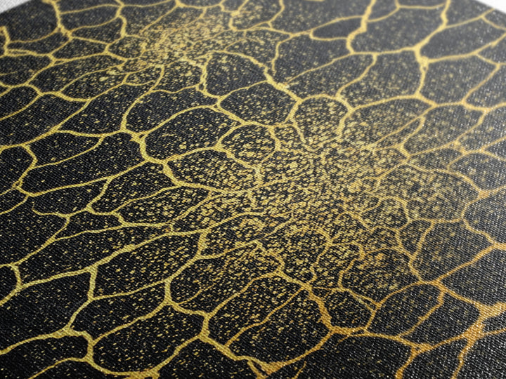 Gold Botanical Crackle Pattern Canvas Print, Black Abstract Wall Art, Geometric Floral Decor, Luxury Statement Piece For Modern Home