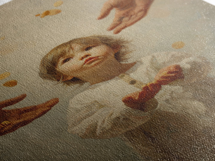 Wide Eyed Child Receiving Coins Framed Canvas Print, Classic Portrait Wall Art, Meaningful Gift, Soft Neutral Home Decor