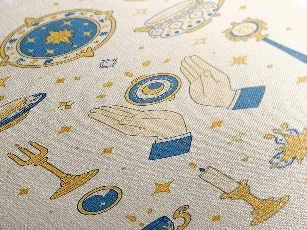 Blue Gold Celestial Symbols With Moon Hands And Stars Wall Art, Mystical Spiritual Boho Decor, Elegant Gallery Canvas Print