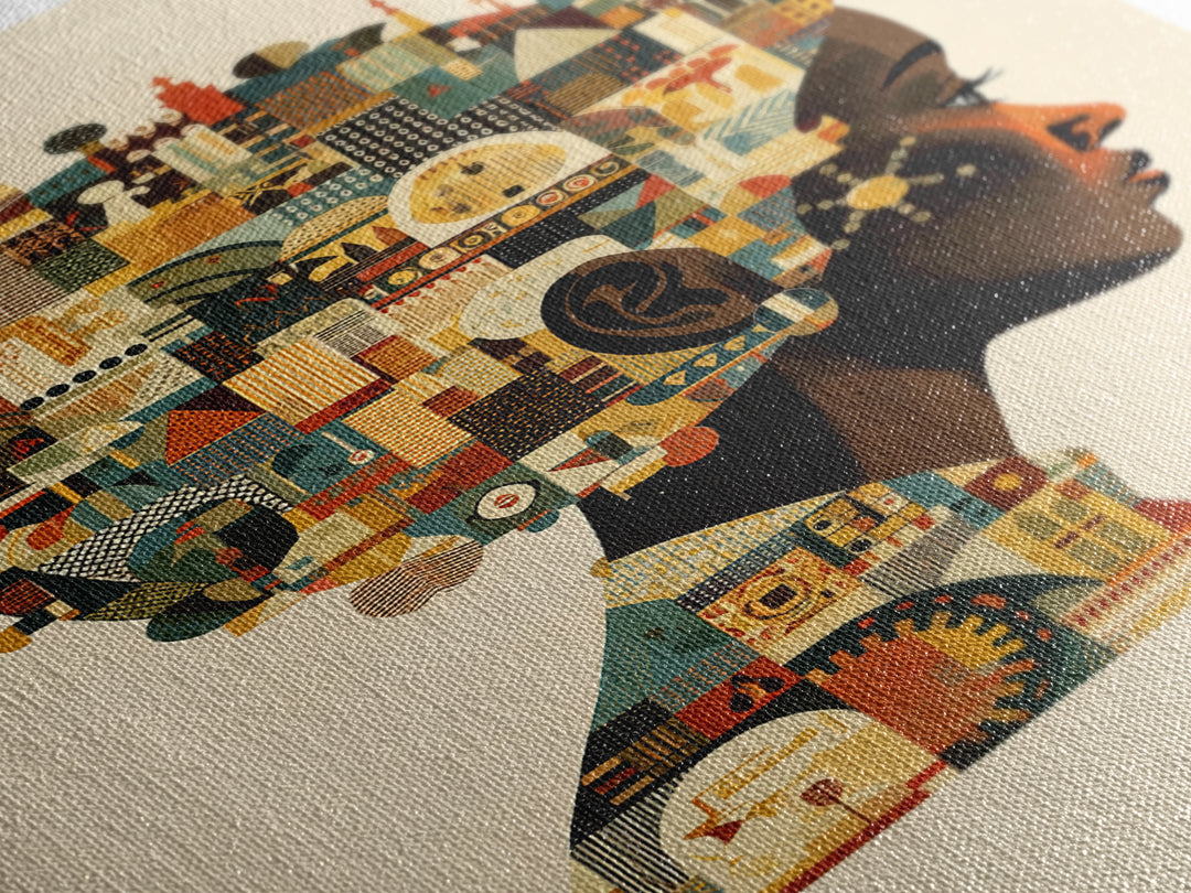 Profile Of African Woman With Architectural Afro, Wall Art, Geometric Portrait, Cultural Home Decor, Modern Afrocentric Art Print