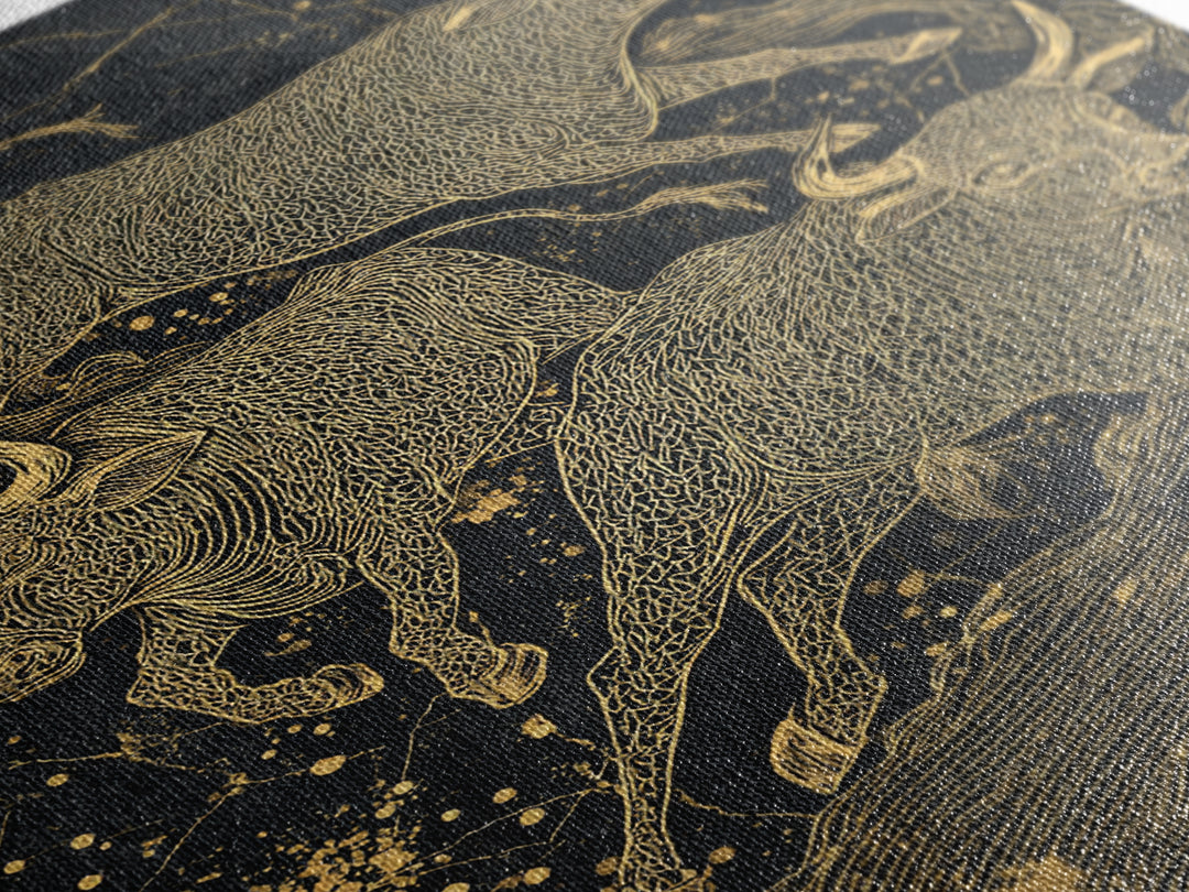 Gold Line Bulls On Black Wall Art, Modern Animal Canvas Print, Luxury Ranch Decor, Masculine Office Art, Bold Statement Piece