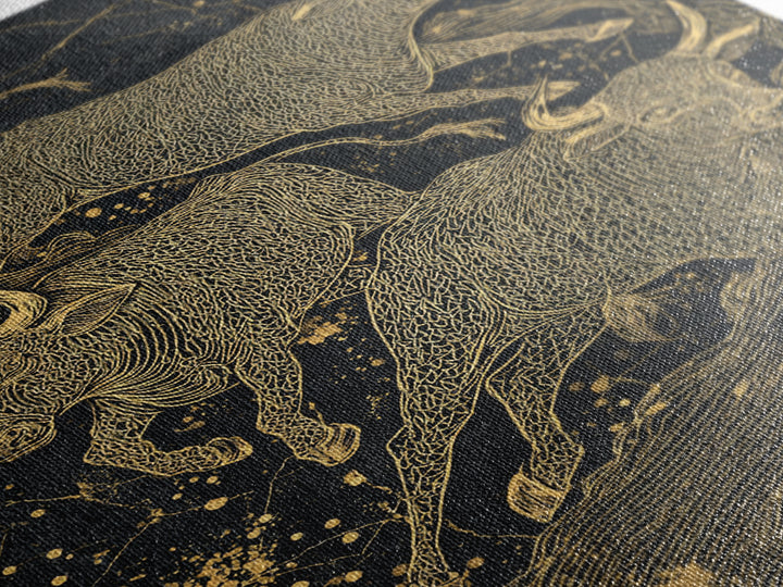 Gold Line Bulls On Black Wall Art, Modern Animal Canvas Print, Luxury Ranch Decor, Masculine Office Art, Bold Statement Piece