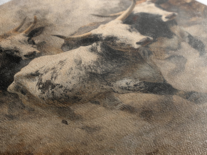 Dusty Longhorn Herd Framed Canvas Print, Western Bull Wall Art, Rustic Farmhouse Decor, Earth Tone Living Room Painting Gift