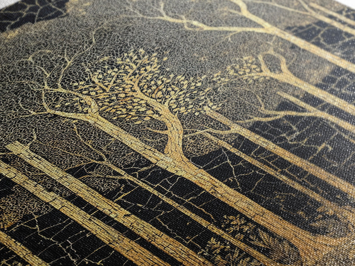 Black And Gold Forest Wall Art, Tall Tree Line Illustration, Abstract Nature Pattern, Elegant Home Decor, Luxury Art Print