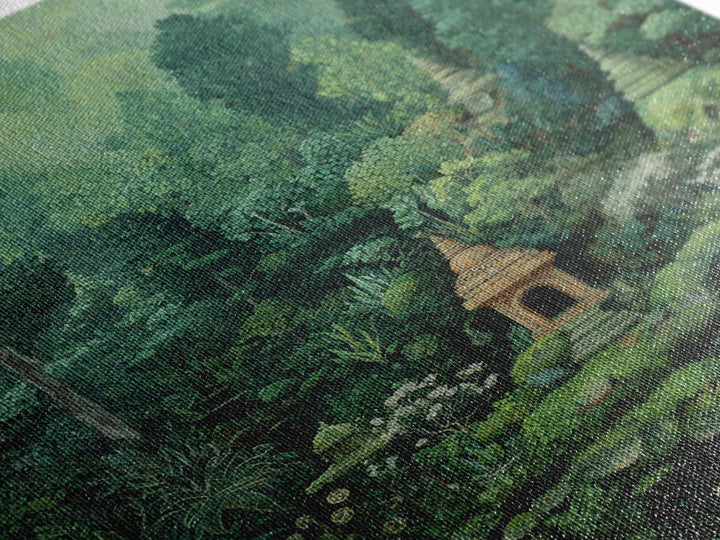 Secret Jungle Temple Garden Canvas Print, Lush Green Botanical Landscape, Spiritual Wall Art, Bohemian Decor Art, Living Room Decor